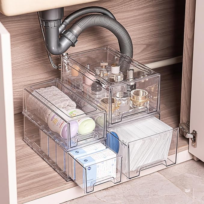 Sgoostood 2 Pack Stackable Organizer Drawers, Clear Desk Storage Box,Transparent Drawer in Home, Office and Kitchen Pull Out Organizer Bins for Make Up, Pen, Desktop Stationary (2Extra Large)
