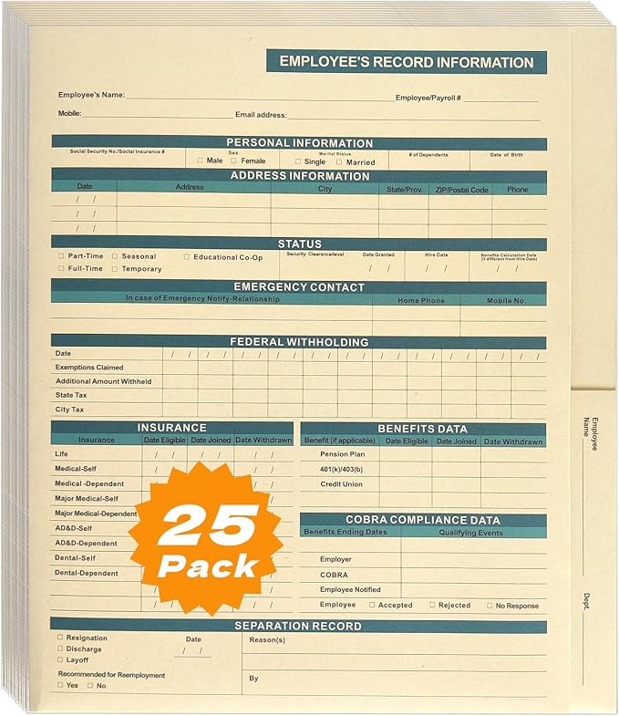 HR Folders for Employee Files – 25-Pack Heavy-Duty Manila Folders with Preprinted Personnel Forms and Labels, 9.5 x 11.5 Letter Size, 2 Internal Pockets, Secure Document Storage