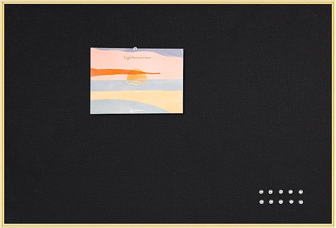 Lightomorrow Bulletin Board 30 x 20 inches, Black Pin Board, Golden Aluminum Framed Fabric Cork Board with 10 Push Pins