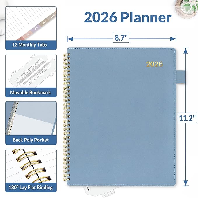 SUNEE 2026 Planner, Weekly and Monthly Calendar Planner 9"x11.2"- 12 Month (January 2026 - December 2027), Vegan Leather Cover, Pocket, Bookmark, Notes, Monthly Tab, Gay Blue