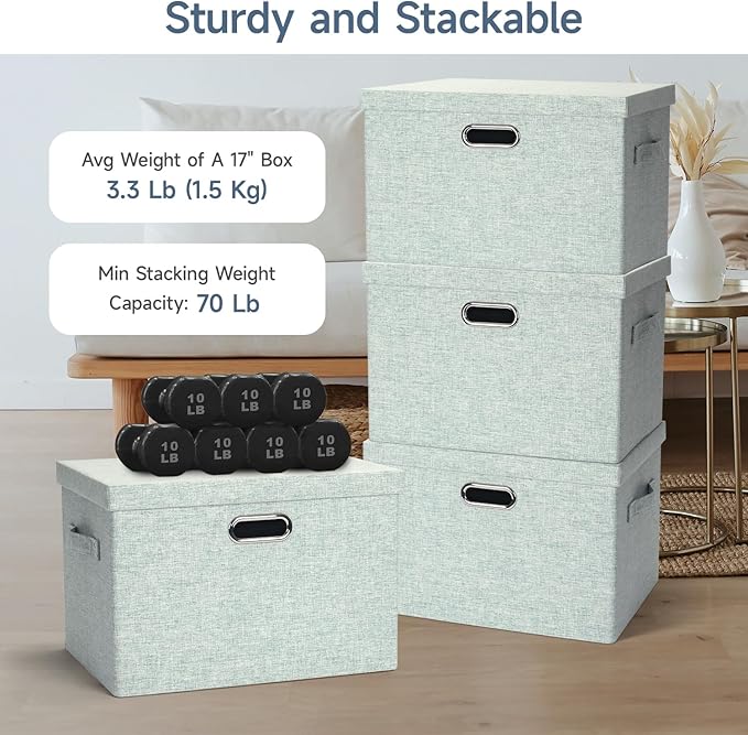 Graciadeco Large 17" 36 Quart Collapsible Stackable Storage Bins with Lids, 3 Packs Light Green Linen Fabric Closet Boxes with Lids, Storage Cube Baskets Container Organizers for Office (17x12x11)