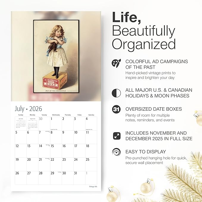 RED EMBER Vintage Ads 2026 Wall Calendar 12 Month | 12" x 24" Open | Thick & Sturdy Paper | Holiday Gift | Art Calendar 2026