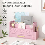 Wisuse Bamboo Desk Mail Organizer with Drawer,Wooden File Bill Sorter Storage Box for Desktop, Letter Countertop Holder for Home,Office,School Organization,Tabletop Accessories Supplies (Pink)