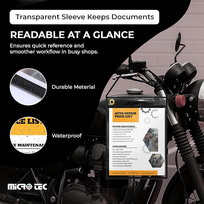 MICRO TEC Repair Order/Work Ticket Holders – Heavy-Duty Clear Vinyl Sleeves with Black Handle – 11" x 13" for Automotive Repair Orders, Job Tickets, Documents – Pack of 25 – Clear/Black