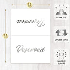 10 Pack Silver Reserved Table Signs for Wedding 3x4 Cardstock Reserved Seating Signs Double Sided Table Tent Reservation Card for Restaurant Receptions Celebrations Party - White with Silver Letters