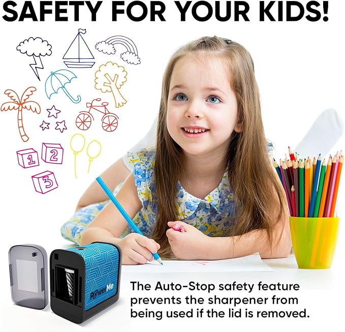POWERME Battery-Operated Electric Pencil Sharpener for Kids, School, Home, Office - for No. 2 Pencils and Colored Pencils