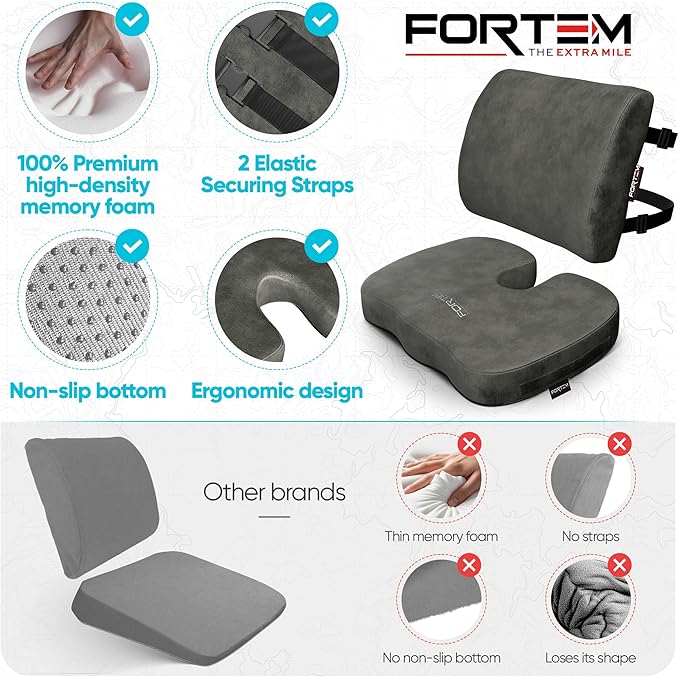 FORTEM Seat Cushion, Office Chair Cushion, Lumbar Support Pillow for Office Chair, Memory Foam Sciatica Coccyx Tailbone Pressure Pain Relief, Car Sitting Pad, Washable Non Slip, XL