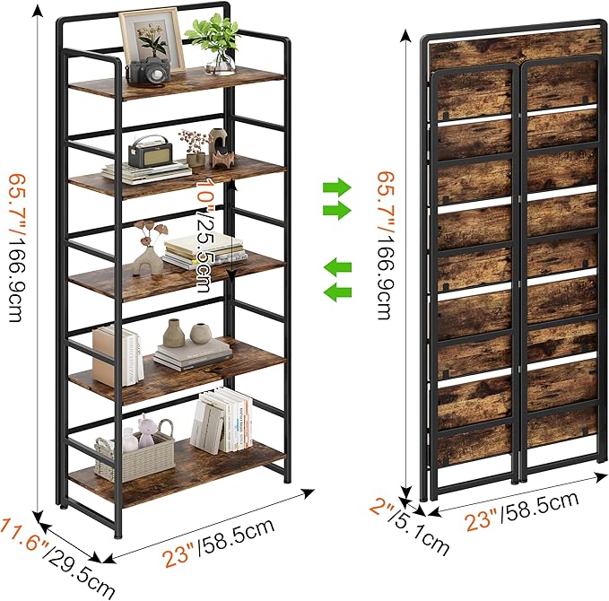 THKKY No Assembly Folding Bookshelf, 5 Tiers Collapsible Book Shelf for Home Office, Vintage Wood Foldable Bookcase Storage Organizer for Living Room Bedroom (Rustic Brown)