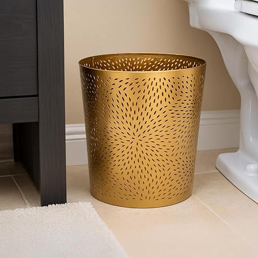 TUP THE URBAN PORT 10" Decorative Iron Wastebasket Trash Can | Matte Gold | Leaf Etched Design