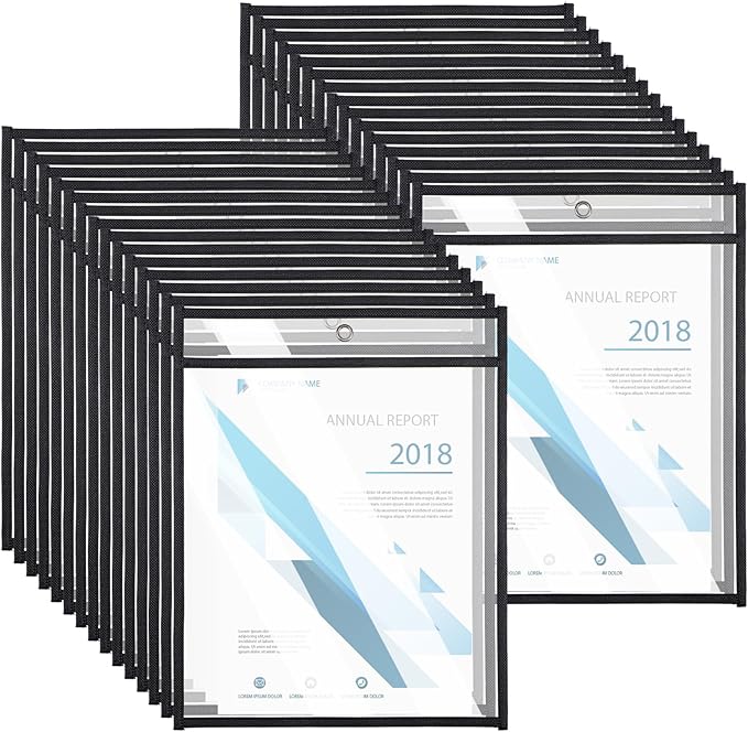 30 Pack Job Ticket Holders, 9x12 Clear Heavy Duty Ticket Holder, Plastic Paper Sleeves Document Protectors Dry Erase or Shop Office Classroom Work Orders (Black)