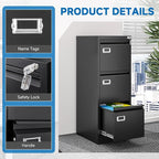 BYNSOE 3 Drawer File Cabinet with Lock Metal Vertical File Cabinet Office Home Narrow File Cabinet for A4 Legal/Letter Size,Assembly Required (Black, 3 Drawers-Vertical)
