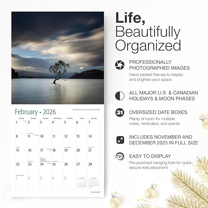 RED EMBER New Zealand 2026 Wall Calendar 12 Month | 12" x 24" Open | Thick & Sturdy Paper | Holiday Gift | Travel Calendar 2026