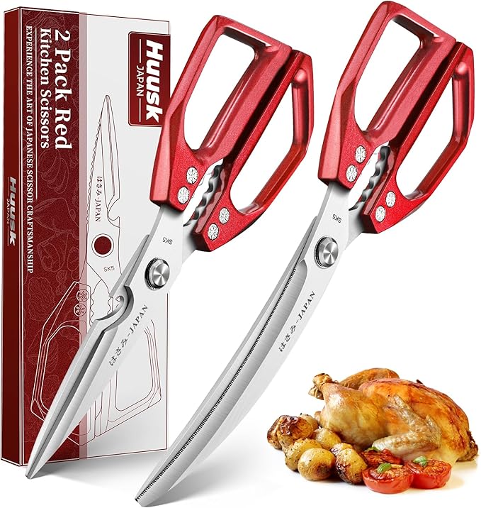 HUUSK Kitchen Scissors Set Red - Stainless Steel Kitchen Shears, Sharp Meat Scissors Dishwasher Safe, Heavy Duty Poultry Shears All Purpose, Japanese Cooking Scissor for Food,Christmas Gifts for Women