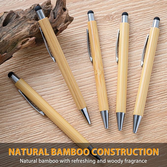 lyforx Bamboo Pens Bulk with Touch Stylus Tip Wooden Bamboo Pens Engraving Wooden Ballpoint Pen Customizable Gift Pen Bulk 50pcs