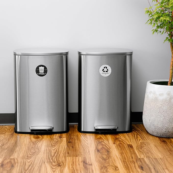 Farmhouse Recycling Stickers for Trash Can & Bins, 3.5" Recycle Stickers for Trash Bins, Laminated Recycle Sticker for Kitchen Garbage Can Recycling Bin Combo, Made in USA, Black & White Wood