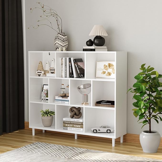 Chyanmoo Wood Cube Storage Organizer White Bookshelf - 3-Tier Freestanding Storage Cabinet with Legs for Home Office, 10-Cubes Open Shelf