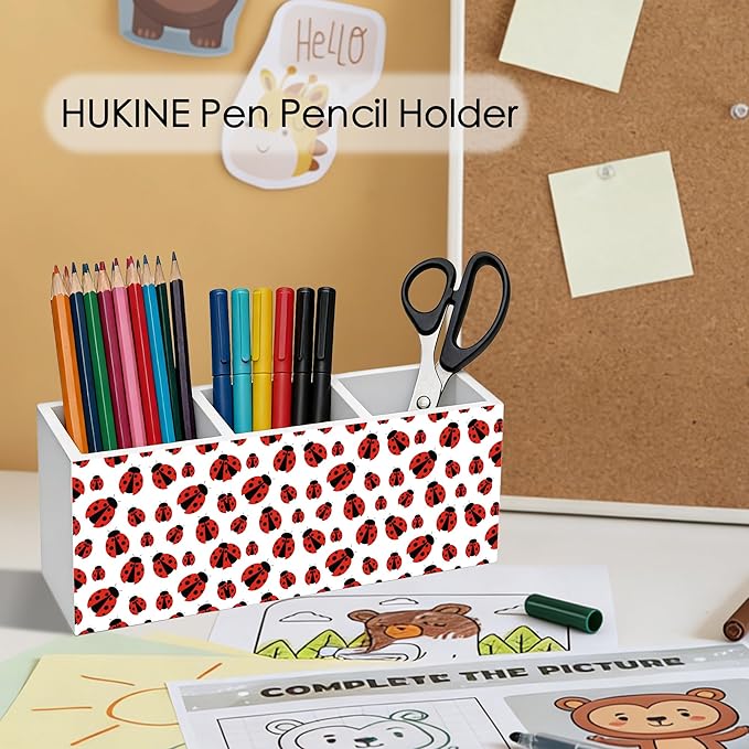 HUKINE Red Ladybug Pen Holder for Desk Decoration, Ladybug Gifts for Women Wooden Box Sign Pencil Holder Organizer for Home Office Desk Accessories, Lady Bug Gifts