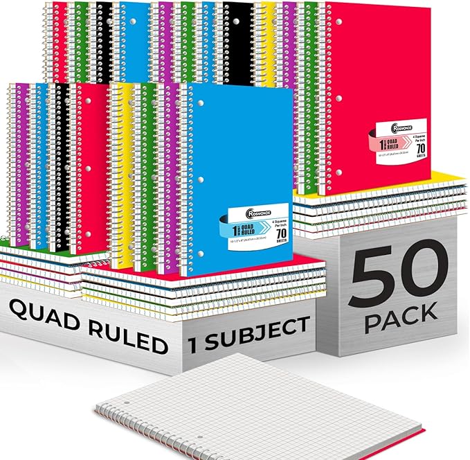 Rosmonde Bulk 1 Subject Spiral Notebook Graph Paper, 50 Pack, 140 Pages (70 Sheets), 8.5 x 10.5, Bulk 4x4 Grid Quad Ruled Spiral Notebook, 3 Hole Punched, Bulk Quad Ruled Graph Paper Spiral Notebooks