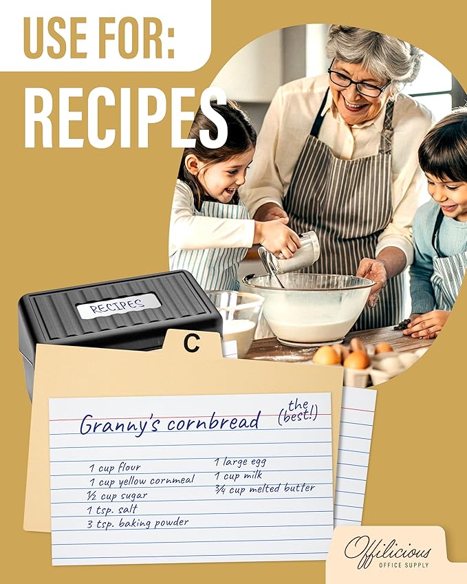 OFFILICIOUS Index Card Box 3x5 - Recipe Box with Manila Dividers & Stickers - Premium Index Card Holder Ideal as Business Card Organizer, Recipe Card Box, Index Card Organizer, Flash Card Holder
