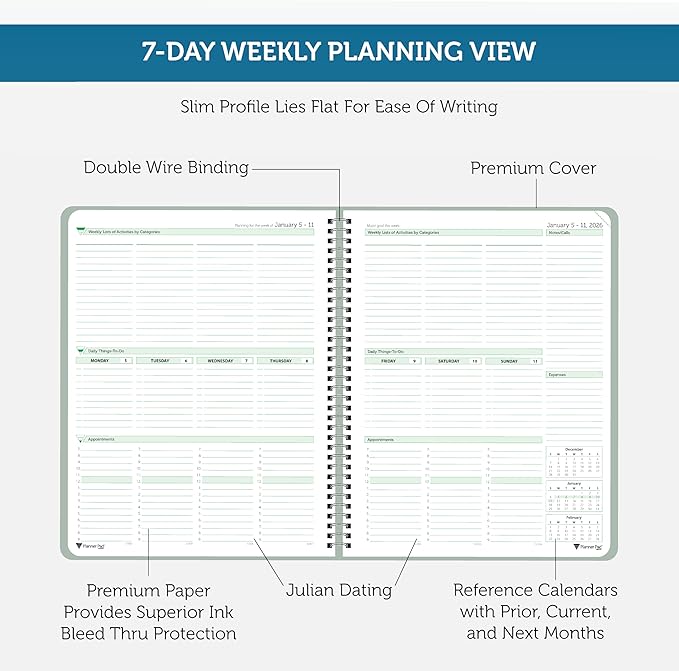 Planner Pad Spiral Bound January-December 2026/ Calendar Year 8 1/2" x 11" Large 3-Tier Funnel Down 12 Month Organizer, Greenish Grey Cover/Soft Green Ink