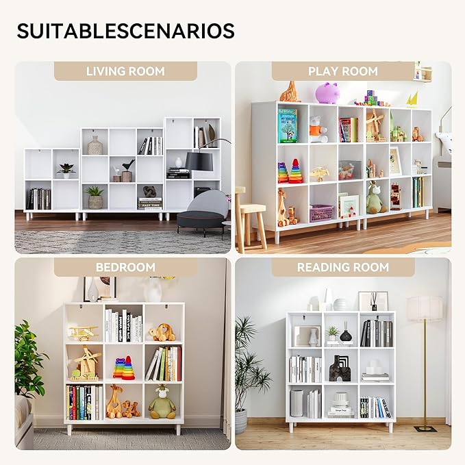 Chyanmoo Wood Cube Storage Organizer White Bookshelf - 3-Tier Freestanding Storage Cabinet with Legs for Home Office, 9-Cubes Open Shelf