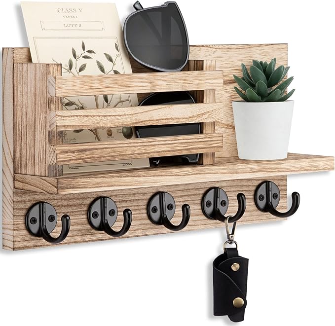 Lwenki Key Holder for Wall – Decorative Wooden Mail Holder and Key Shelf with Mounting Hardware, Installation Guide – Paulownia Wood with 5 Metal Key Hooks (11.8” x 6.7” x 2.8”)