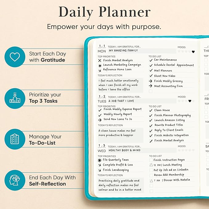 Mantra Planner 2026 Planner, Daily Journal & Gratitude Journal All-In-One with To Do List, Self Care Prompts & Habit Tracker - 5.8 x 8.3 - Teal