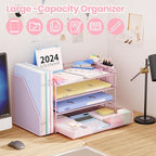 OPNICE Desk Organizer, 4-Tier Desktop File Organizer with Drawer and 2 Pen Holders, Office Desk Accessories, File Sorters, Workspace Organizers for Office Supplies(Pink)