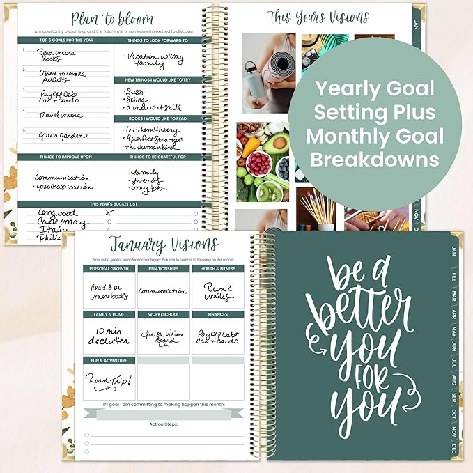 bloom daily planners 2026 Hardcover Calendar Year Goal & Vision Planner (January to December) - Monthly & Weekly Agenda Organizer - 7.5" x 9" - Beige Bouquet