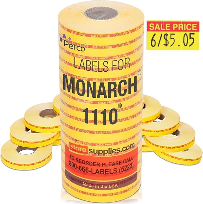 Perco Red Reverse Print on Yellow Sale Price Labels for Monarch 1110 16 Rolls with 1 Free Ink Roller