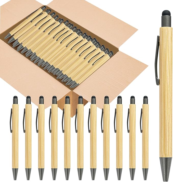 lyforx 100pcs Bamboo Pens Bulk with Touch Stylus Tip Wooden Bamboo Pens Engraving Wooden Ballpoint Pen Customizable Gift Pen Bulk Grey