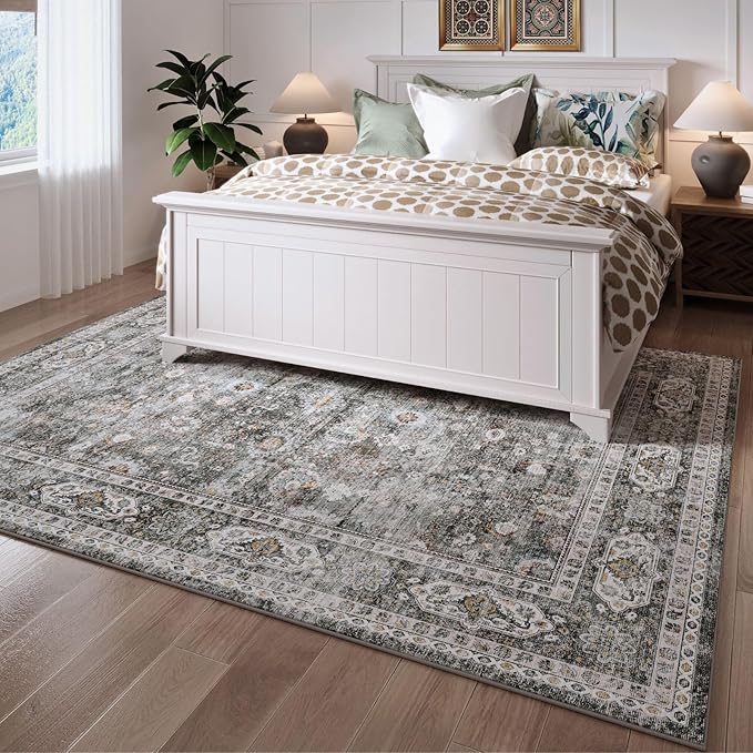 Rugcomf Area Rug 5x7 Washable Rug Boho Soft Non-Slip Non-Shedding Faux Wool Vintage for Living Room, Bedroom Rug, Farmhouse, Dining Room, Indoor, Kids Playroom (Grey)