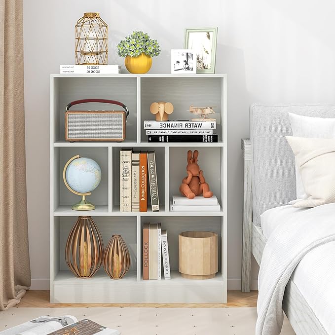 Tangkula 7-Cube Bookshelf, 41” Floor Bookcase with 2 Anti-Tipping Kits, Freestanding Storage Organizer, 4-Tier Display Shelf for Home, Office & Dorms, Natural/White (White, 7-Cube)