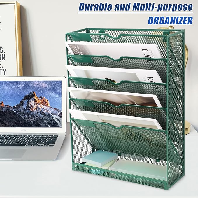 EASEPRES 6 Tier Desk File Organizer, Mesh Hanging Wall Mount Document Organization Stand, Desktop Vertical Mail Paper Folder Holder Rack with Bottom Tray for Office Cubicle, Sides Closed, Dark Green