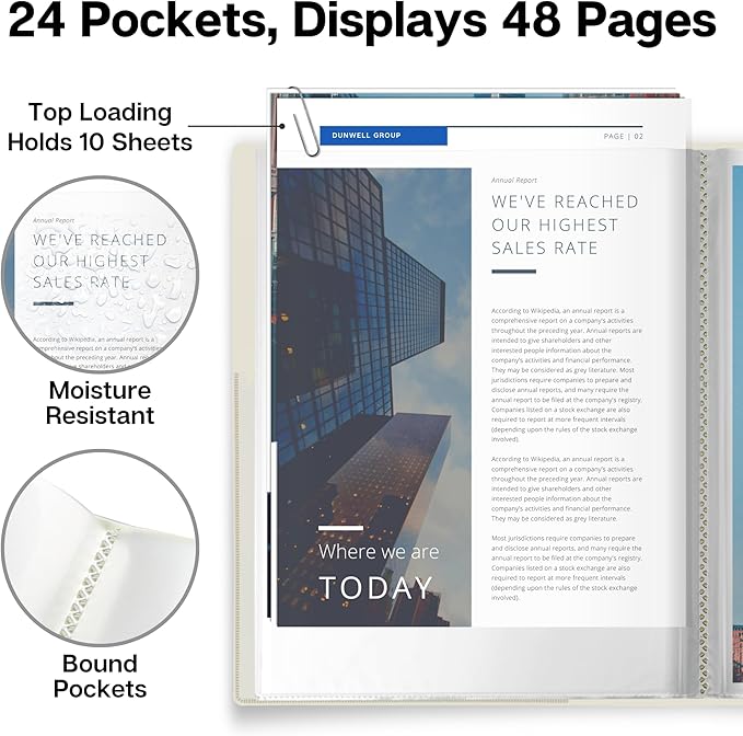 Dunwell Presentation Binder 24-Pocket, Displays 48 Pages, 8.5x11 Portfolio Binder with Plastic Sleeves, Storage and Organizer for Documents, Certificates, Projects, Photos (3 Pack, Ivory)