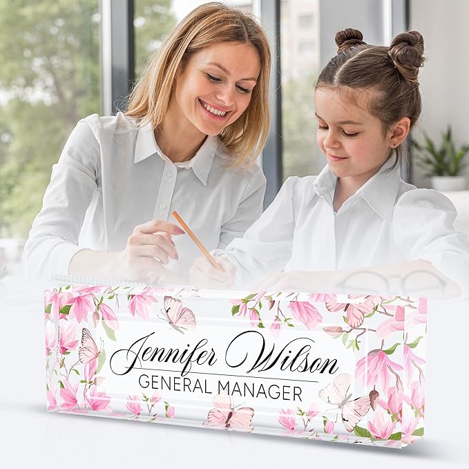 AZUFEMOS Personalized Acrylic Desk Name Plate - Custom Employee Appreciation Gifts - Office Gifts for Women, Men, Boss, Coworkers, Teacher, Nurse (Pink Flower Butterfly)
