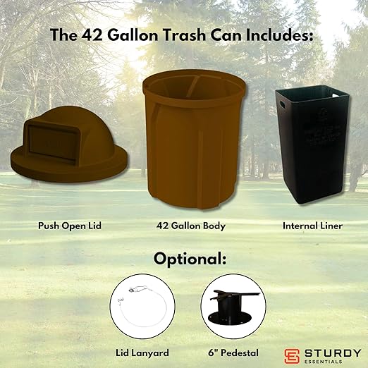Campus Collection 42 Gallon Round 100% Recycled Plastic Heavy-Duty Commercial Outdoor and Indoor Trash Can with Push Open Dome Lid and Internal Liner | Great for Schools and Businesses - Brown