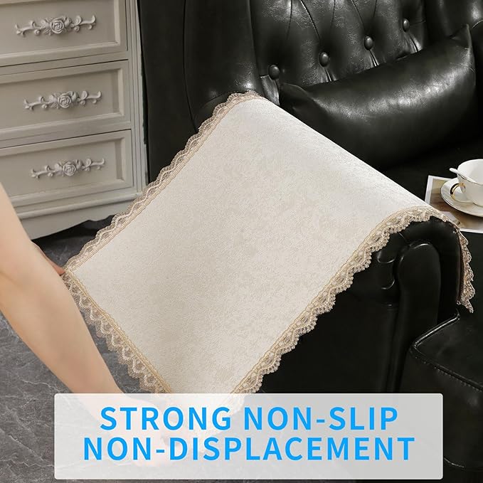 MINJIATEX Couch arm Covers,Non-Slip lace Sofa arm Covers Set of 2 Washable Sofa armrests Covers for Living Room Recliner Chair arm Cover Protectors for Leather Sofa armrest slipcover (GYDF-Beige)