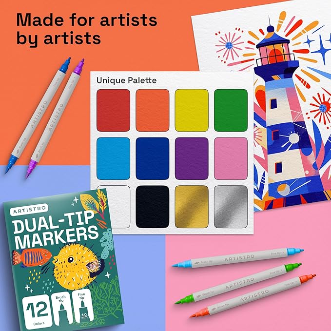 ARTISTRO 12 Acrylic Paint Markers - Paint Pens Dual Tip Brush + Fine Ideal for Calligraphy - Perfect for Fabric, Rock, Glass, Wood, DIY - Art Supplies, Stocking Stuffers, Christmas Gift Idea