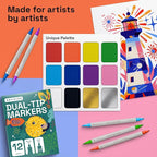 ARTISTRO 12 Acrylic Paint Markers - Paint Pens Dual Tip Brush + Fine Ideal for Calligraphy - Perfect for Fabric, Rock, Glass, Wood, DIY - Art Supplies, Stocking Stuffers, Christmas Gift Idea