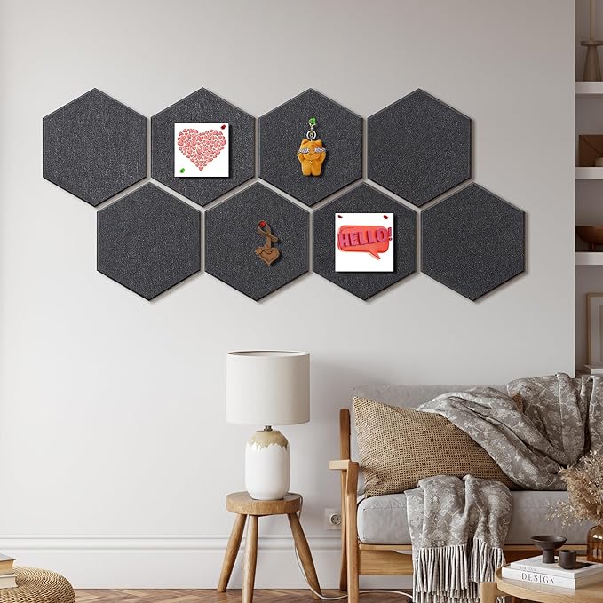 Fwpelt 12'' Large Hexagon Cork-Bulletin Boards for Walls, Self-Adhesive Modern Corkboard, Frameless Felt Pinboard, Prayer-Vision Pin Board for Office, Pack of 8 Hex Cork Tiles with 30 Pushpins