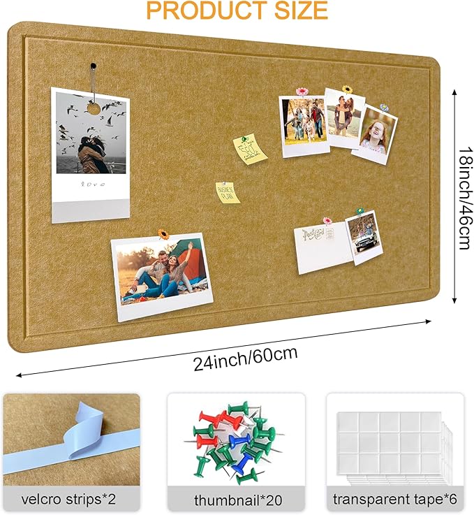 Yunihome Large Bulletin Board - Foldable 24x18 Inches Cork Board Alternative with 20 Push Pins, Self-Adhesive Felt Bulletin Board for Wall, Home Office Classroom Decor