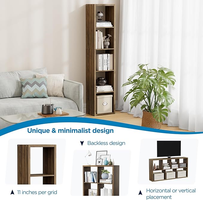 Jpiziso 5 Cube Storage Organizer Single Row, Cube Shelf with Heavy-Duty Thick Boards, 13.31" L x 9.37" W x 60.55" H, Smooth Easy-Clean Panels, Simple Assembly, for Living Room Bedroom Office, Brown