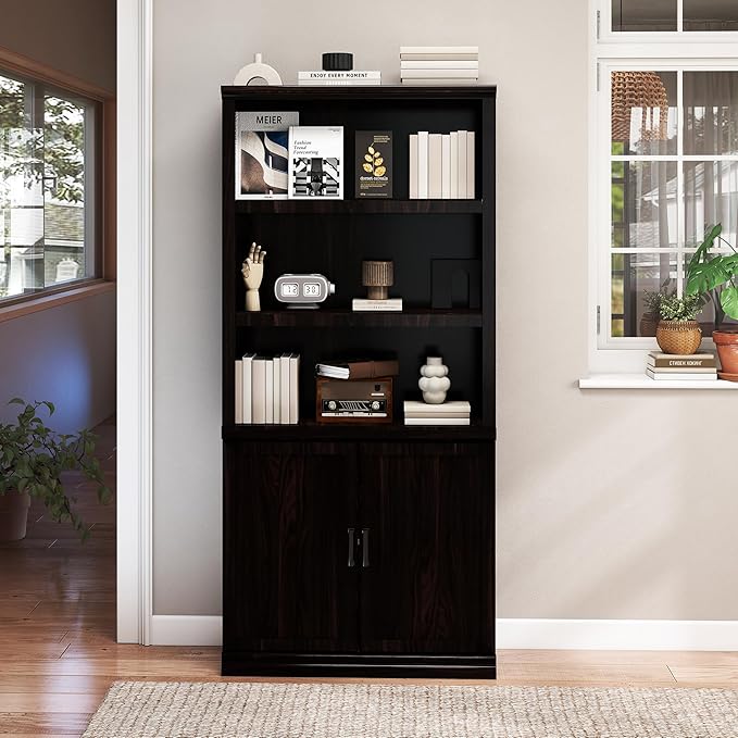 Bevfint 70 Inch Tall Bookcase with Doors, Library Office Bookshelf with Adjustable Shelves, Floor Standing Book Cabinet Shelves for Living Room Bedroom with Anti Tipping Kit, Dark Cherry Finish