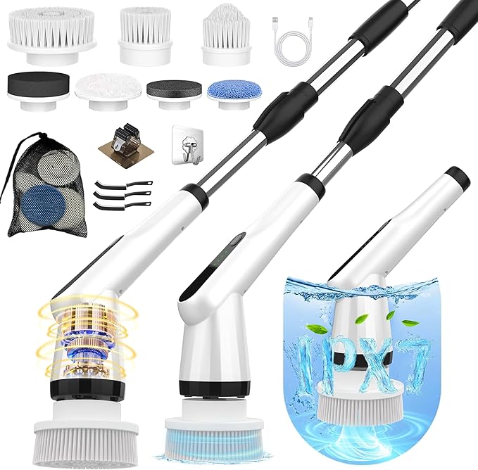 Electric Spin Scrubber, Dreazu IPX7 Shower Scrubber with 7 Replaceable Brush Heads & Retractable Handle, 2-Speed Adjustable Shower Cleaner for Bathroom, Bathtub, Kitchen, Tile Floors