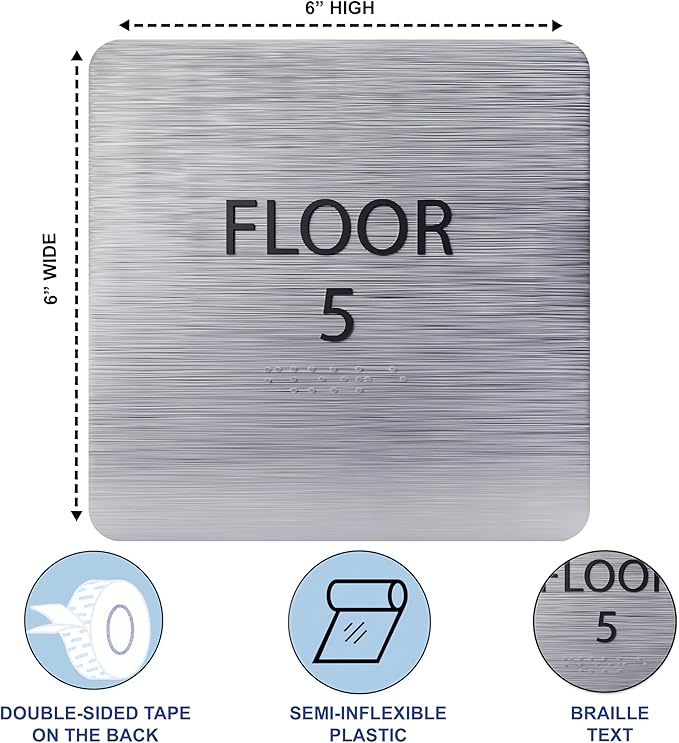 Grey w/Black ADA Floor 5 Sign with Braille – Made from Durable Acrylic and Ready to Mount