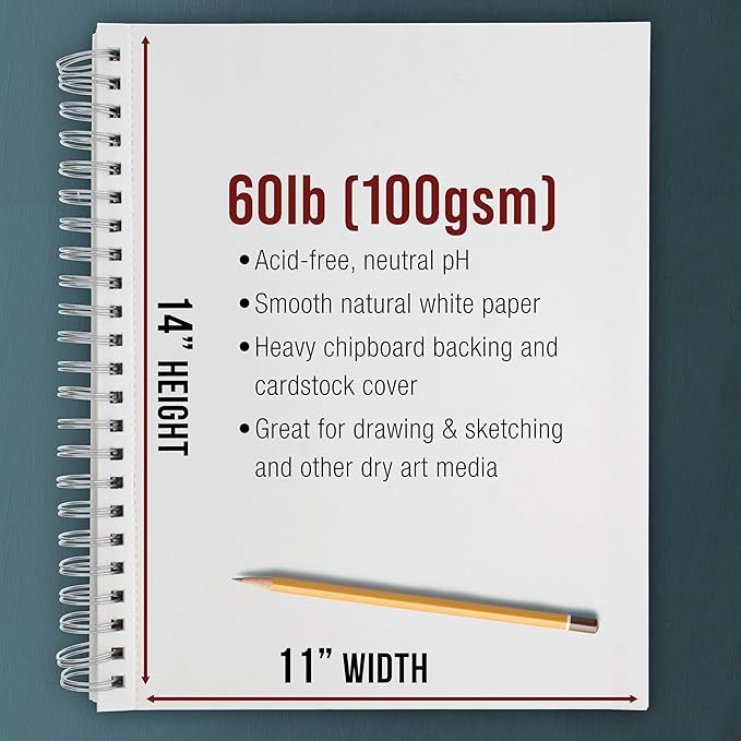 U.S. Art Supply 11"x14" Sketch Book Pad, 2 Pack (100 Sheets Each), 60lb (100gsm) Spiral Bound - Sketching, Drawing Pad, Acid-Free Paper - Sketch Pads for Adults, Students: Colored Pencils, Charcoal