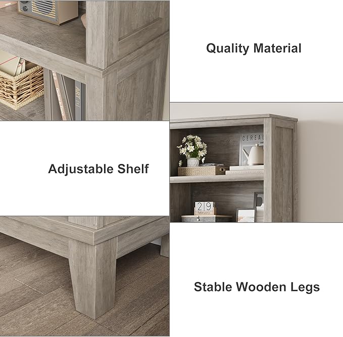 IDEALHOUSE 71" Farmhouse Bookshelf w/Adjustable Shelves & 31.5 in Whidth, 5 Tier Tall Bookshelf with Wooden Legs, Vintage Wooedn Book Shelf for Living Room Office (Gray, 71.3" H x 31.5" W x 11.8" D)