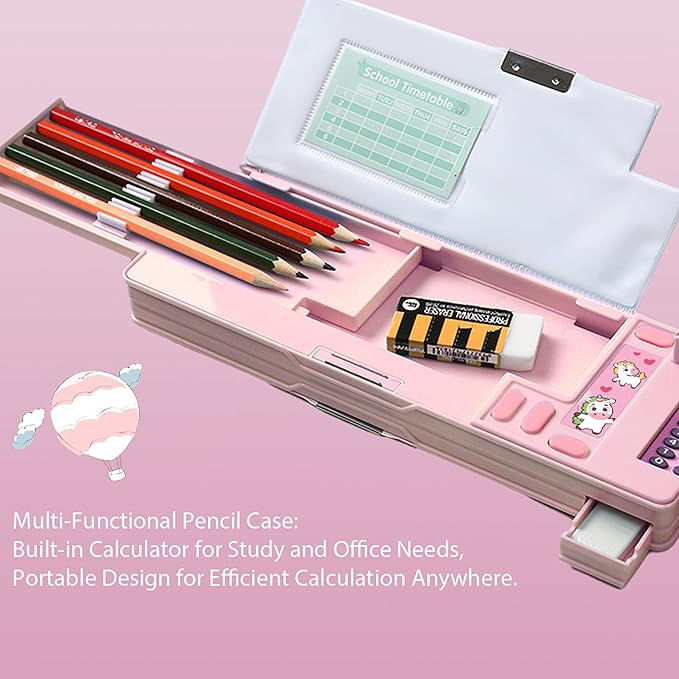 Pop Up Multifunction Pencil Case, Cute Cartoon Pen Box Organizer Stationery with Calculators, Sharpener, Schedule, School Supplies, Best Birthday Gifts for Kids