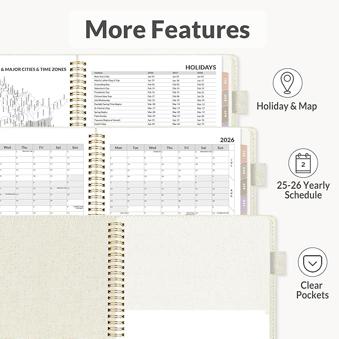 SUNEE 2026 Planner, Weekly and Monthly Calendar Planner 9"x11.2"- 12 Month (January 2026 - December 2026), Linen Cover, Pocket, Bookmark, Notes, Monthly Tab, Beige
